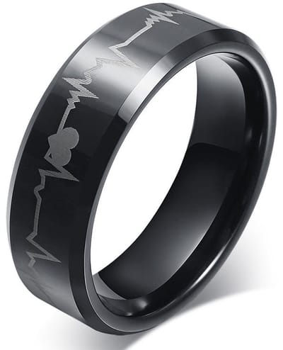 Zwarte Ring met Hartslag Patroon - ECG - Staal - Ringen Heren Mannen Dames Vrouwen - Papa Cadeau Voor Mannen - Vaderdag