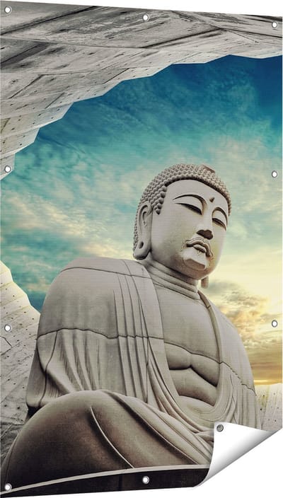 Gards Tuinposter Boeddha Beeld in het Park - 80x120 cm - Tuindoek - Tuindecoratie - Wanddecoratie buiten - Tuinschilderij
