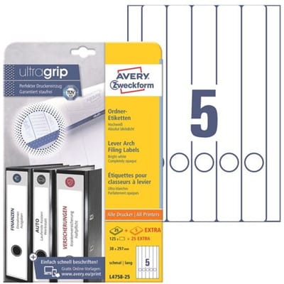 AVERY Printbare rugetiketten - L4758 - zelfklevend - 297 x 38 mm - 150 etiketten - 25 vellen - wit