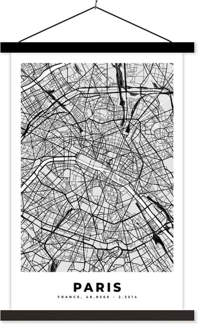 Posterhanger incl. Poster 40x60 cm - Schoolplaat - Kaart - Stadskaart - Parijs - Plattegrond - Frankrijk - Textielposter - Zwarte latten - Stadskaart