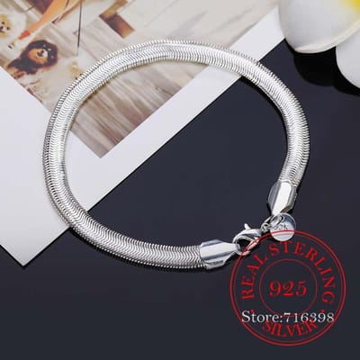 Parure de bijoux en argent sterling 925, collier et bracelet en os de serpent plat et souple de 6 mm, pour femmes et hommes, ensemble deux pièces gray