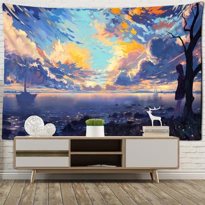 Tapisserie murale à motif de fille de dessin animé, style bohème, coloré, kawaii, peinture à l'huile, décoration de dortoir, arrière-plan 95x70cm beige