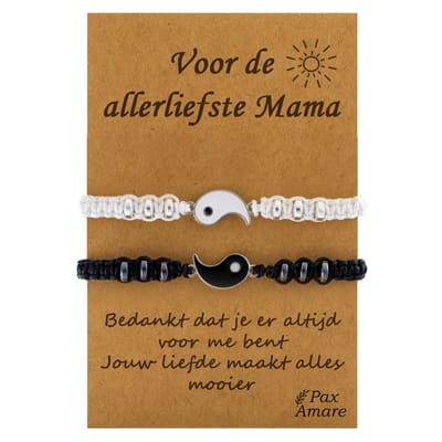 Moeder Dochter Armbandjes voor 2 "Voor de allerliefste Mama" - Yin Yang - BFF Armbandjes met Cadeau Kaartje - Zwart & Wit - Elastisch Verstelbaar - Pax Amare