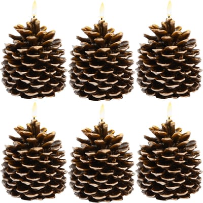 Anna's Collection LED dennenappel kaars - 6x - bruin - 12.5 x 10.5 cm - met timer