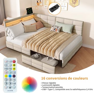 Gestoffeerde slaapbank met ledverlichting, USB-oplaadpoorten en 2 lades, 140x190 cm, verstelbaar hoofdeinde in breedte, linnenstof, beige, exclusief matras