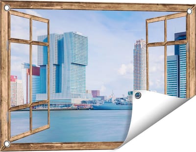 Gards Tuinposter Doorkijk Rotterdamse Skyline aan het Water - 60x40 cm - Tuindoek - Tuindecoratie - Wanddecoratie buiten - Tuinschilderij