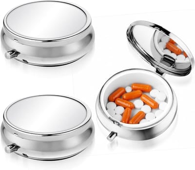 Draagbare pillendoos voor op reis, mini pillenkoker voor vitamines, medicijnen en supplementen - 2 stuks, zilver, compact en handig voor zak of portemonnee