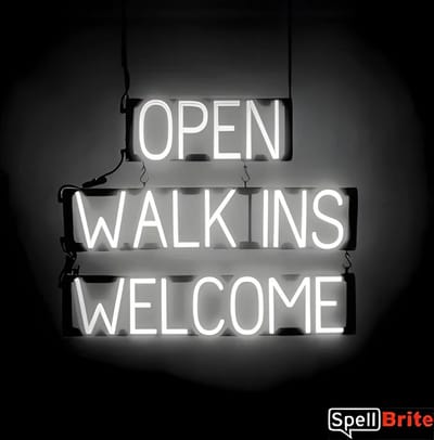 OPEN WALK INS WELCOME - Lichtreclame Neon LED bord verlicht | SpellBrite | 76 x 60 cm | 6 Dimstanden - 8 Lichtanimaties | Reclamebord neon verlichting