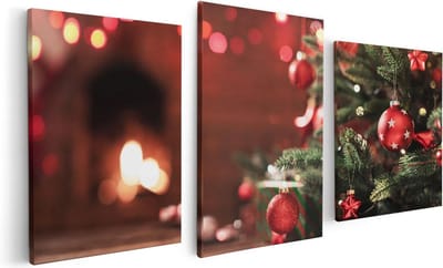 Artaza Canvas Schilderij Drieluik Kerstboom Met Rode Lichtjes En Kerstballen - 120x60 - Foto Op Canvas - Canvas Print