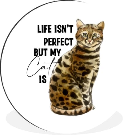 WallCircle - Wandcirkel - Muurcirkel - Life isn't perfect but my cat is - Quotes - Spreuken - Katten - Aluminium - Dibond - 30x30 cm - Binnen en Buiten
