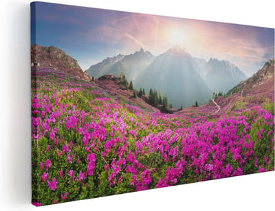 Artaza Canvas Schilderij Berglandschap - 40x20 cm - Klein - Wanddecoratie Bloemenveld - Muurdecoratie Bergen - Decoratie Zonsopgang