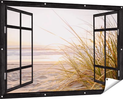 Gards Tuinposter Doorkijk Strand en Duinen tijdens Zonsondergang - 150x100 cm - Tuindoek - Tuindecoratie - Wanddecoratie buiten - Tuinschilderij