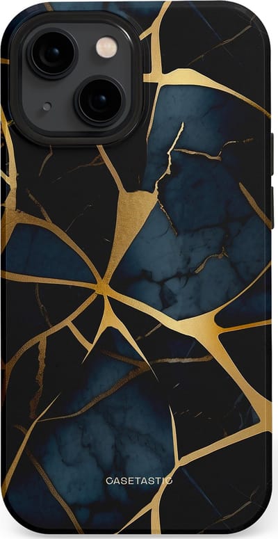 Casetastic hoesje geschikt voor Apple iPhone 13 mini - MagSafe - Dubbellaagse bescherming - Sterrennacht Marmer Goud - Fashion Case - Zwart Goud Donkerblauw