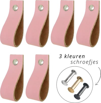 Handles and more - 6x Leren handgrepen lusjes - Zacht Roze - maat XS (12,6 x 2,5 cm) - incl. 3 kleuren schroefjes (handgreepjes - leren grepen - greepjes - leren lusjes)