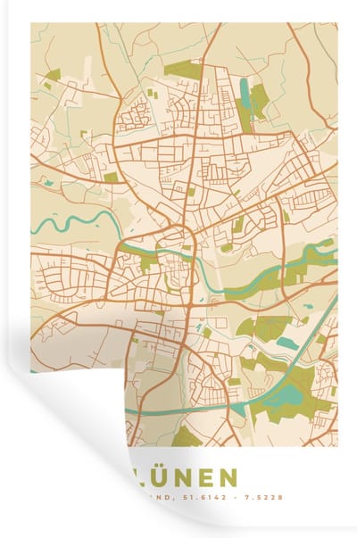 Muurstickers - Sticker Folie - Stadskaart - Lünen - Plattegrond - Kaart - Vintage - 20x30 cm - Plakfolie - Muurstickers Kinderkamer - Zelfklevend Behang - Zelfklevend behangpapier - Stickerfolie