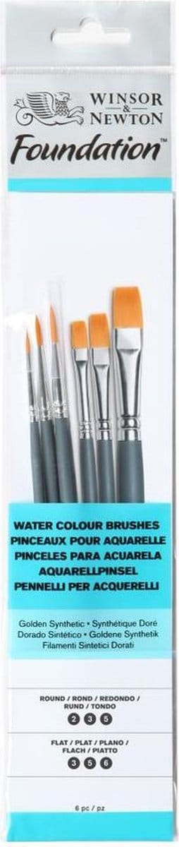 Winsor & Newton 5295015 Foundation Watercolour Brush Set – Korte Steel – 6-delig – Ronde & Platte Penselen voor Waterverf, Gouache & Acryl