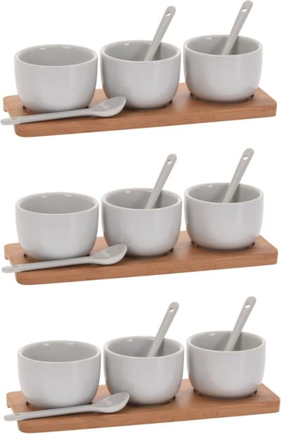 9x stuks amuse/tapas/saus schaaltjes 6 cm van porselein met serveerplankjes - Kommetjes met lepeltjes