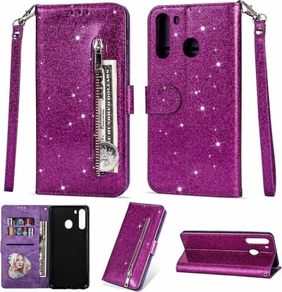 Portemonnee Hoesje - Wallet Case - Rits Sparkly Glitter - Telefoonhoes met Kord Geschikt voor: Samsung Galaxy M11 - Paars
