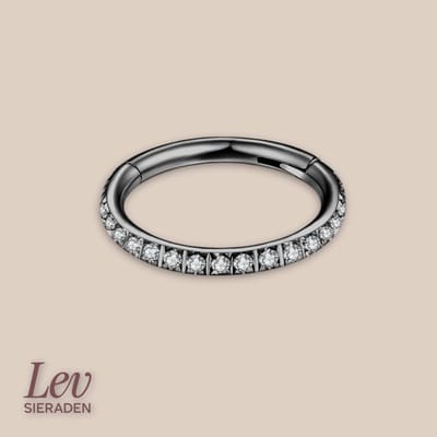 Lev Sieraden - Titanium Zwart kleurige Click Ring met Zirkonia steentjes 1.2x8mm - Piercing - neuspiercing - tragus piercing - Oorpiercing - Segment ring tepel navel