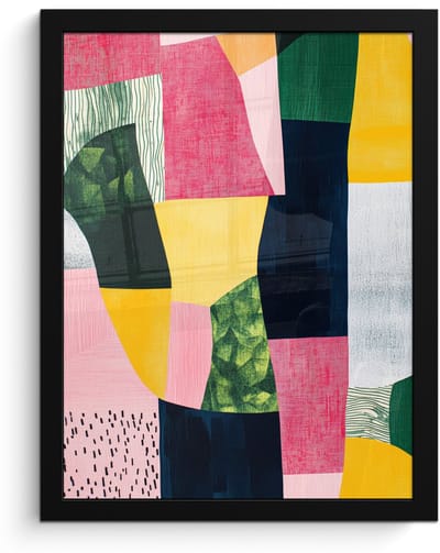 Poster in lijst - Fotolijst 30x40 cm - Posters - Abstract - Roze - Lappen - Vormen - Geel - Posterlijst zwart - Decoratie - Wanddecoratie woonkamer - Muurdecoratie slaapkamer