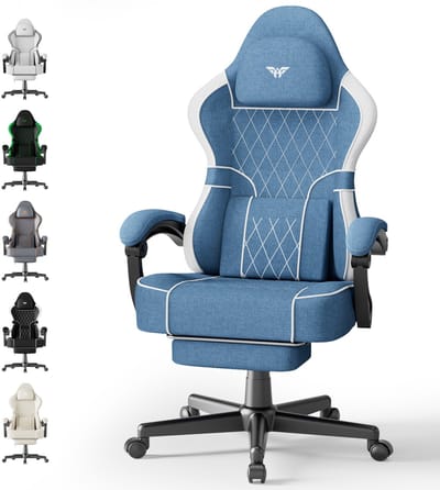 Soontrans-Blauw-Gaming Stoel-met Inklapbare Voetensteun- Gamestoel Verstelbaar Rugleuning-Ergonomische Gaming Chair-als Bureaustoel-Uitgerust Met Hoofdsteun en Lendensteun-Katoen-Linnen Mix-Computerstoel Gaming-Voor Volwassenen en Jongeren