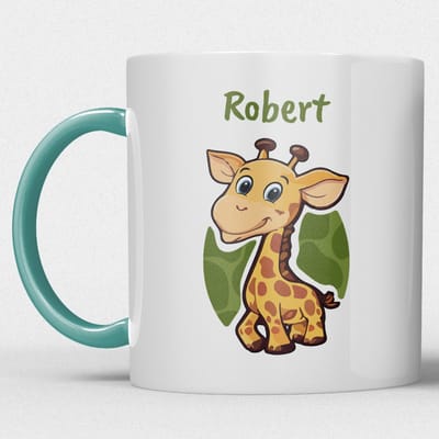 kindermok/kinderbeker | gepersonaliseerd met naam | met giraf | zeegroen blauw | Schattige illustraties