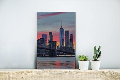 Zonsondergang bij de Brooklyn Bridge in Amerika canvas 20x30 cm - klein - Foto print op Canvas schilderij (Wanddecoratie woonkamer / slaapkamer)