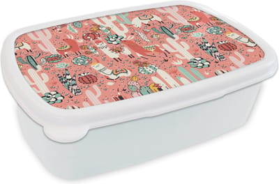 Broodtrommel Wit - Lunchbox - Brooddoos - Patroon - Jungle - Lama - 18x12x6 cm - Volwassenen