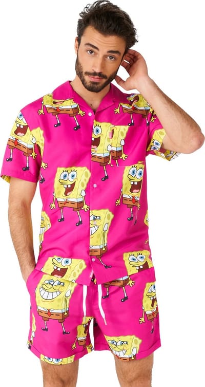 OppoSuits SpongeBob™ Pink Heren Zomer Set  - Bevat Shirt En Shorts - Tropische Zwem Kleding - Roze - Maat M