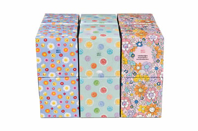 SmileyWorld® ultra zachte tissues - zakdoekjes - kleurrijke en gevarieerde ontwerpen - 3 unieke ontwerpen – compact formaat voor dagelijks gebruik - 12 sets kubusdozen met 48 vellen per doos- 12 x 48 stuks = 576 zakdoekjes-