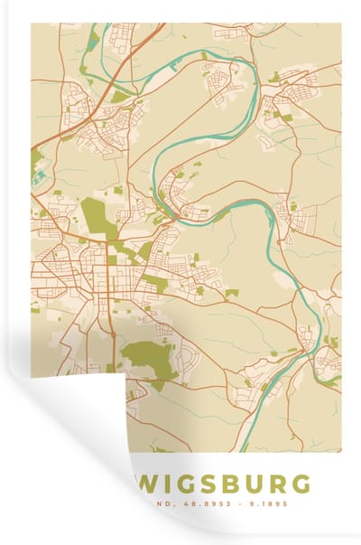 Muurstickers - Sticker Folie - Ludwigsburg - Kaart - Plattegrond - Stadskaart - Vintage - 20x30 cm - Plakfolie - Muurstickers Kinderkamer - Zelfklevend Behang - Zelfklevend behangpapier - Stickerfolie