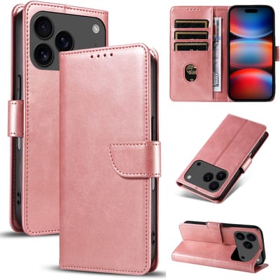 Bookcase Hoesje Geschikt voor iphone 17 Pro – Luxe PU Kalfsleer Telefoonhoes – Portemonnee Hoesje met Kaartvakken, Contant Geldvak, Magneetsluiting & Standaardfunctie - Rosegoud