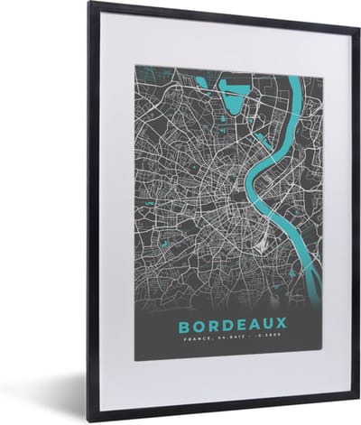 Fotolijst incl. Poster - Frankrijk - Stadskaart - Kaart - Plattegrond - Bordeaux - 30x40 cm - Posterlijst