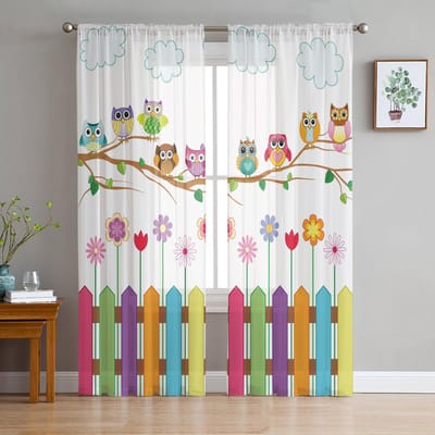 Cartoon Kind Schattige Uil Bloem Transparante Gordijnen voor Woonkamer Decoratie Raamgordijnen voor Keuken Tule Voile Organza Gordijnen W135 x H115cm x1 white