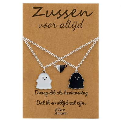 BFF Ketting voor 2 'Zussen voor altijd' - Spookjes + Magnetisch Hartje - Vriendschapsketting op Cadeau Kaartje - 45cm + 5cm verstelbaar - Zilverkleurig - Sisters Hanger - Pax Amare