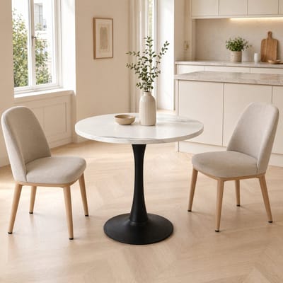 MODFU Ronde Eettafel - Marmerlook - Modern Industrieel - Voor Keuken Of Eetkamer - MDF En Metaal - Wit En Zwart - 80 Cm