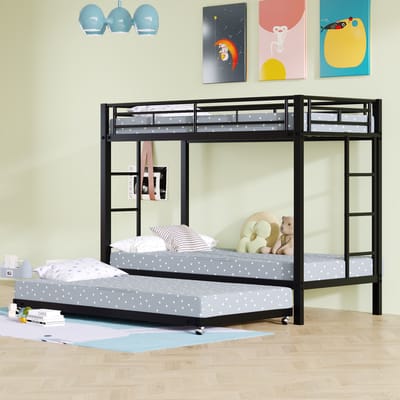 Gutent Kinderstapelbed, bed met Ijzeren Frame, Zwart (Zonder matras), 90*200 cm, met Uitschuifbaar bed, Hoge relingen, stevige constructie