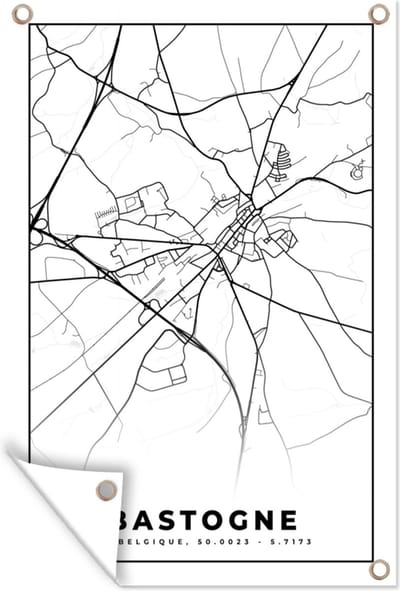 Muurdecoratie België – Bastogne – Stadskaart – Kaart – Zwart Wit – Plattegrond - 120x180 cm - Tuinposter - Tuindoek