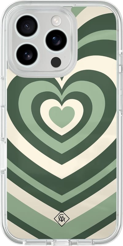 Casimoda® hoesje - Geschikt voor iPhone 16 Pro - Groen Hart Swirl - 2-in-1 case - Schokbestendig - Geometrisch patroon - Verhoogde randen - Groen, Transparant