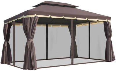 Luxe Tuinpaviljoen met Dubbel Dak & Muggennetten - Paviljoen - 4 Zijpanelen - 3,9 x 2,9 x 2,8 m - Prieel - Partytent - Pergola - Gazebo - Feesttent - Tuintent - Weerbestendig - voor Tuin, Camping & Feest - Koffie + Zwart