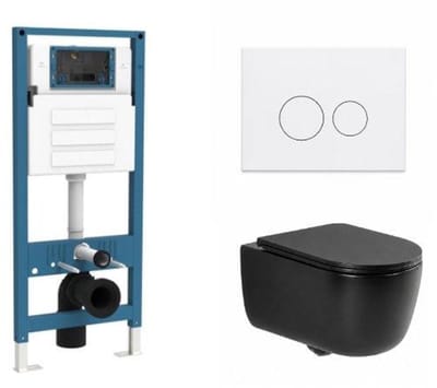 QeramiQ Dely Swirl Toiletset - inbouwreservoir Qeramiq Flush - slim zitting - metaal mat witte bedieningsplaat - ronde knoppen - mat zwart