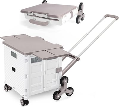 Inklapbare Winkelwagen met Traploopwielen en Magnetisch Deksel - 80kg Opvouwbare Rolcontainer voor Kamperen en Vissen