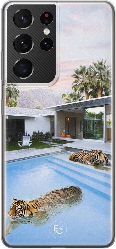 Hoesje geschikt voor Samsung Galaxy S21 Ultra - Tijger zwembad - Soft Case - TPU - Print - Multi - ELLECHIQ