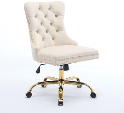 Beige velvet bureaustoel - Thuiskantoor draaistoel - Gecapitonneerde rugleuning - In hoogte verstelbaar - 10,90 kg - Kantoor - 63x50x98 cm - Beige