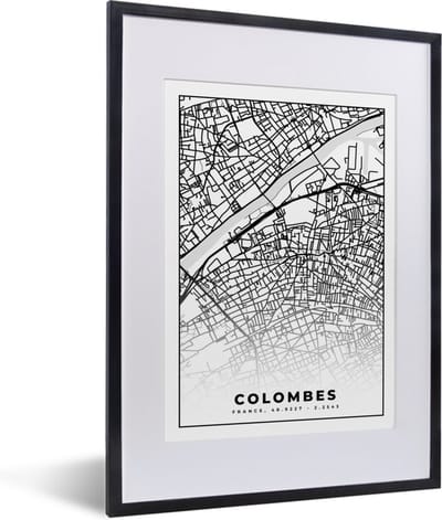 Fotolijst incl. Poster Zwart Wit- Stadskaart - Colombes - Plattegrond - Kaart - Frankrijk - Zwart wit - 30x40 cm - Posterlijst