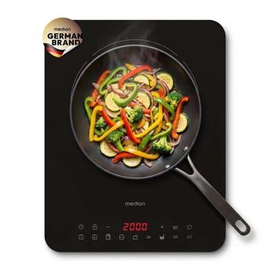 MEDION IC10S Inductiekookplaat, 1 kookzone, extra plat, 2100 W | 8 automatische programma's en handmatige modus, led-display, touchbediening, kristalglas oppervlak