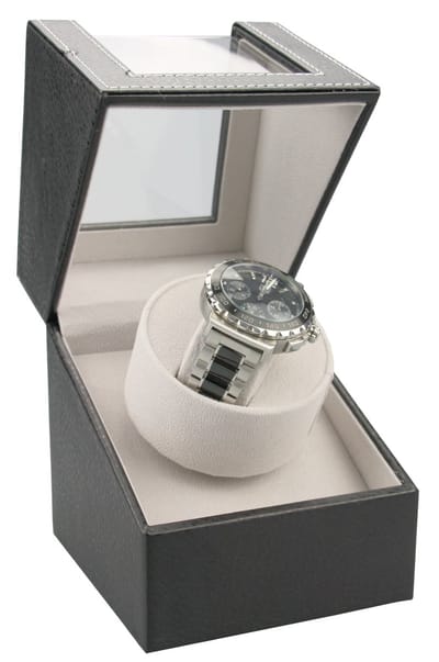 Lowander Watchwinder voor 1 horloge - Automatische horloge opwinder - Luxe horlogebox met stil mechanisme - Kunstleer - Werkt op batterijen of netstroom - Zwart / grijs - Inclusief schoonmaakdoekje en adapter