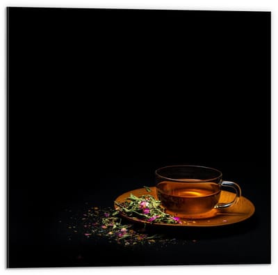 Dibond - Kopje Thee met Bloemen met Zwarte Achtergrond - 50x50cm Foto op Aluminium (Met Ophangsysteem)