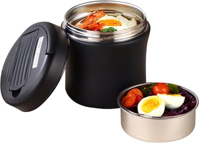 Thermos Lunchbox - 1.2l - RVS Thermos Lunchbox - Thermosbeker - Voedselcontainer met lepel - Travel Mug - voor warm voedsel, lekvrije roestvrijstalen doos - voor buiten, kantoor, school, picknick, reizen, kamperen - zwart
