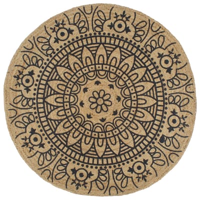 vidaXL - Vloerkleed - handgemaakt - met - donkerblauwe - print - 90 - cm - jute
